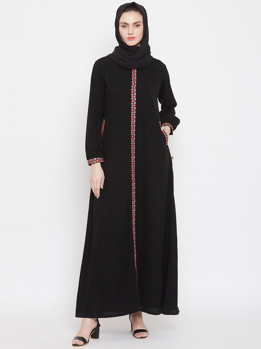 Black Chikan Hand Embroidery Abaya for Women with Black Georgette Scarf