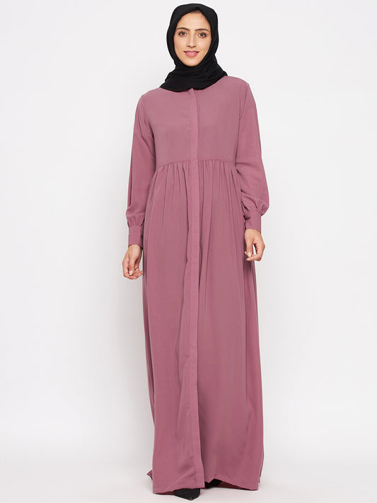 Front Open Puce Pink Abaya Dress with Black Georgette Hijab