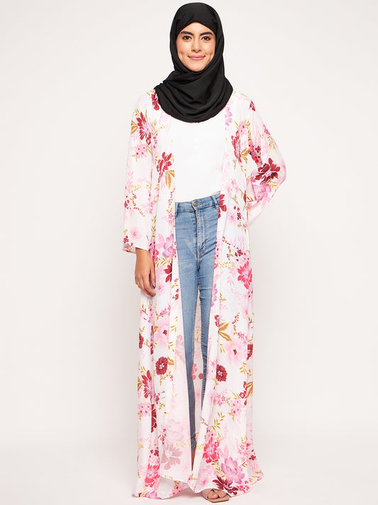 Front Open Printed Shrug with Black Georgette Hijab