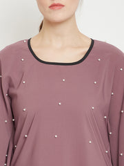 Pearl Design Puce Pink Kaftan Abaya for Women with Black Georgette Hijab