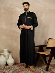 Black Cotton Arabic Thobe for Men with Beige Piping