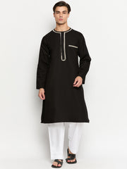 Black Solid Embroidery Details Mens Kurta