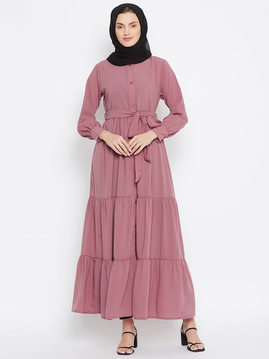 Frilled Pink Abaya/Burqa For Women With Belt and Black Hijab