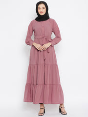 Frilled Pink Abaya/Burqa For Women With Belt and Black Hijab