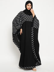 Polka Dot Printed Women Kaftan Abaya with Black Georgette Scarf
