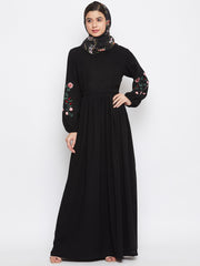 Black Embroidery Work Abaya for Women with Black Georgette Scarf