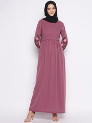 Puce Pink Embroidery Work Abaya for Women with Black Georgette Scarf
