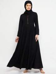Zip Closure Black Abaya for Women with Black Georgette Scarf