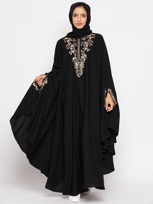 Chikan Hand Embroidered Irani Kaftan Abaya with Black Georgette Hijab