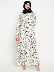 Printed Front Open Abaya for Women with Black Georgette Scarf