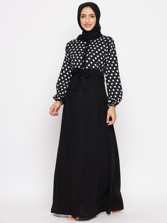 Polka Printed  Abaya for Women with Black Georgette Hijab
