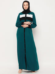 Women Green Front Open Abaya with Black Georgette Hijab
