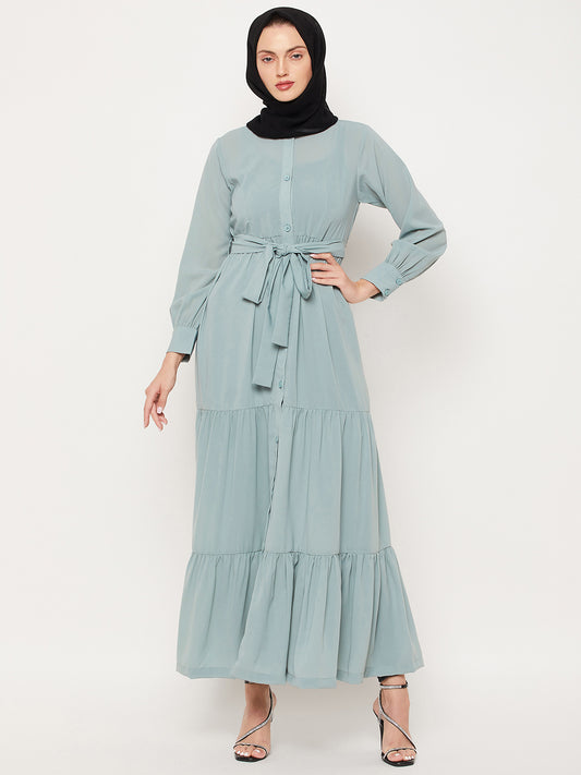 Frilled Sea Green Abaya/Burqa For Women With Belt and Black Hijab