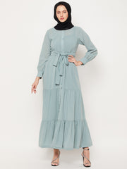 Frilled Sea Green Abaya/Burqa For Women With Belt and Black Hijab