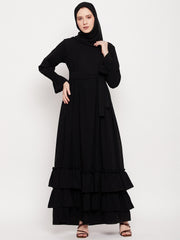 Women Black Frilled Abaya Burqa With Belt and Black Hijab