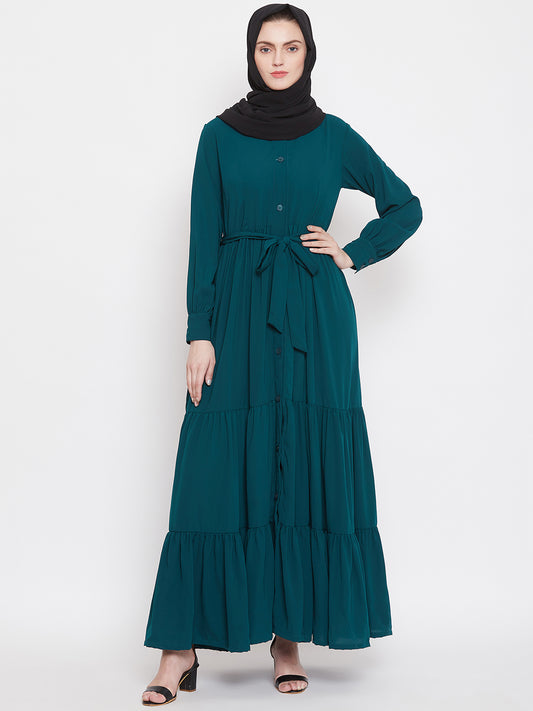 Frilled Bottle Green Abaya/Burqa For Women With Belt and Black Hijab
