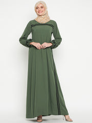 Jade Green A-Line Abaya for Women with Black Georgette Hijab
