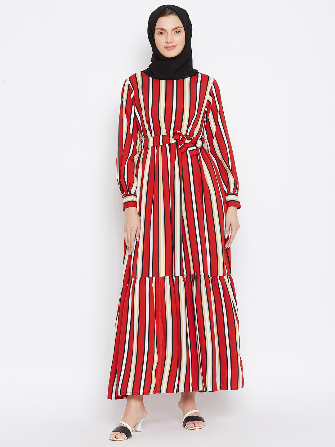 Red Printed Crepe Frill Abaya Dress for Women with Black Georgette Scarf-Front
