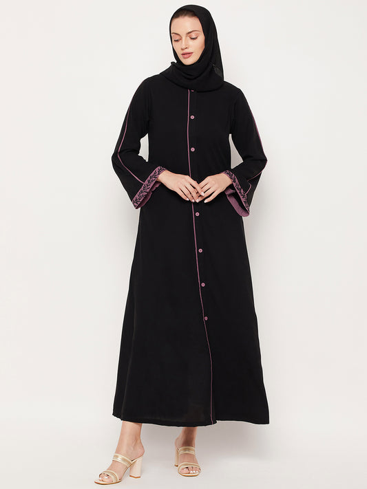 Black Embroidery Work Front Open Abaya for Women with Black Georgette Scarf