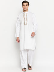 White Solid Cotton Men's Kurta Pajama Set