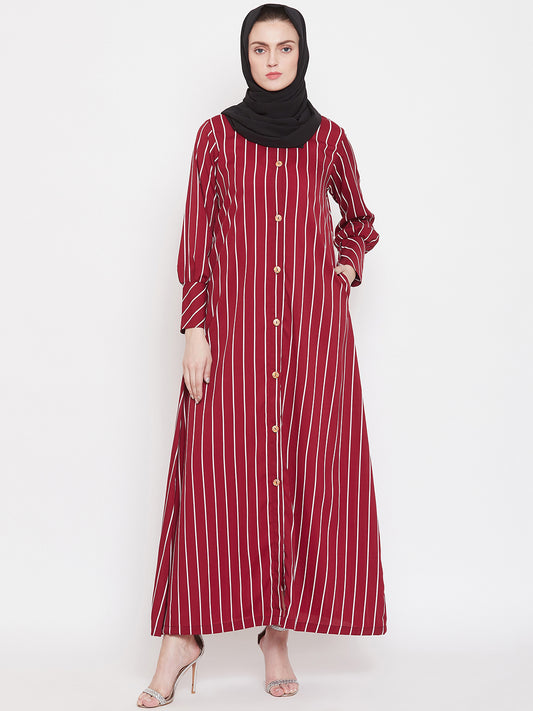Maroon Stripe Front Open Abaya for Women with Black Georgette Scarf