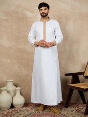 White Cotton Thobe for Men with Beige Piping