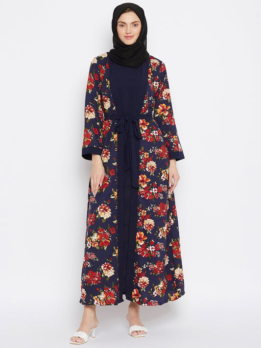 Blue and Red Floral Printed Shrug Attached Casual Abaya for Women With Black Georgette Scarf