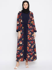 Printed Shrug Attached Abaya for Women with Black Georgette Scarf