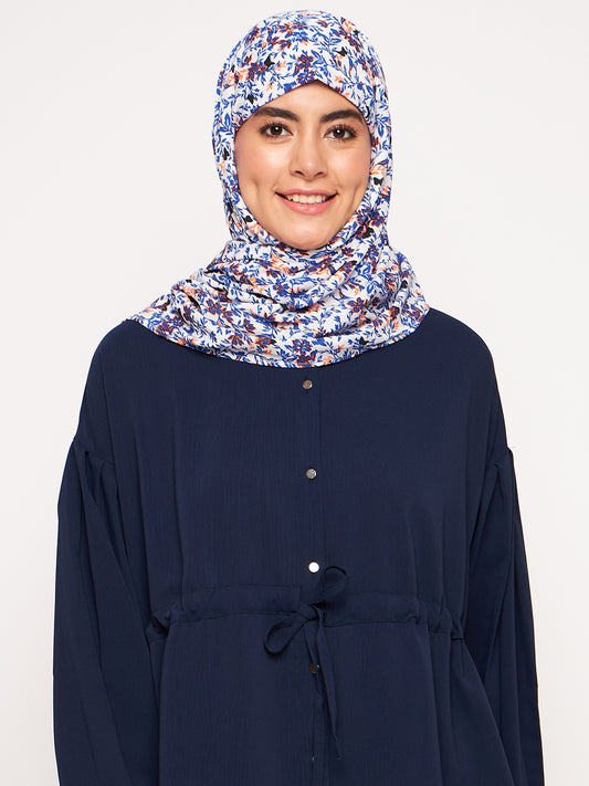 White and Blue Floral Printed Women's Casual Hijab Stole