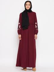 Maroon Chikan Embroidery Work Abaya for Women with Black Georgette Scarf