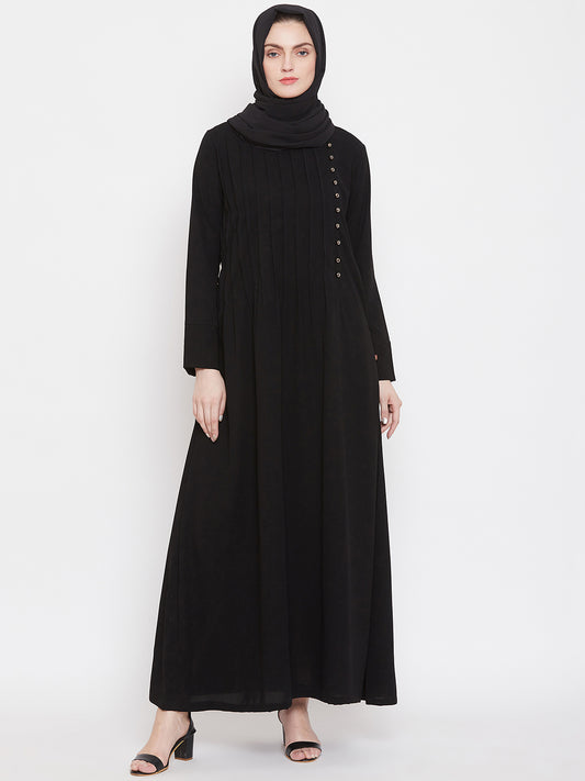 Black Solid Side Plate Abaya for Women with Black Georgette Scarf