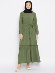 Jade Green Frill Abaya for Women with Black Georgette Scarf