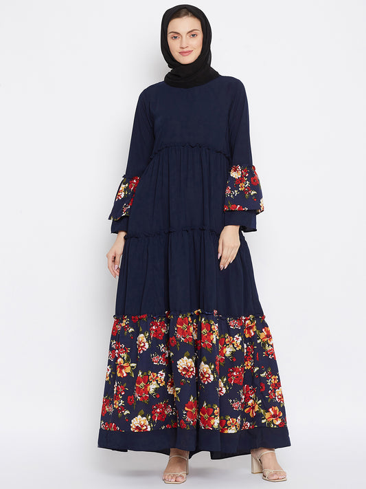 Blue Floral Printed Frill Abaya Dress with Black Georgette Hijab