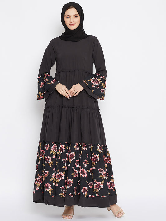 Floral Printed Frill Abaya Dress with Black Georgette Hijab
