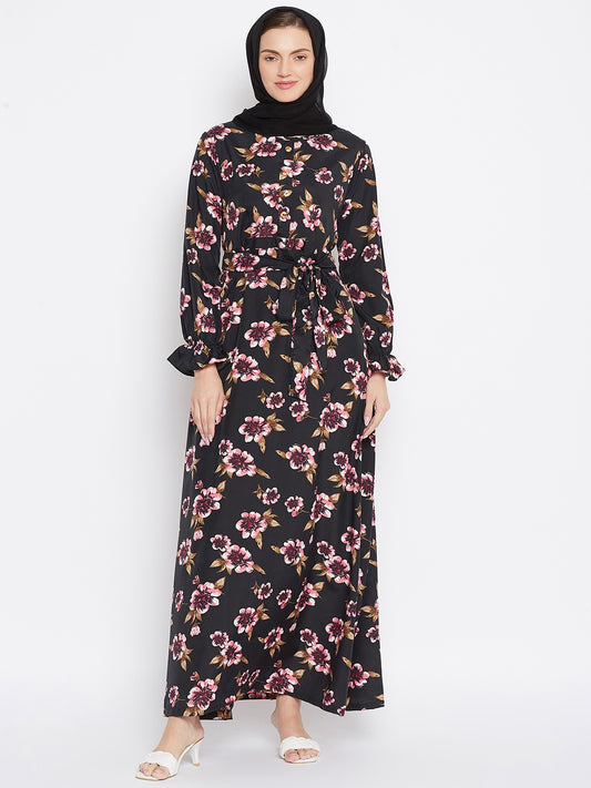 Printed Crepe Abaya with Black Georgette Hijab