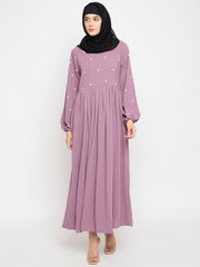 Pink Handwork Abaya with Black Hijab