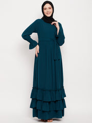 Women Frilled Abaya Burqa With Belt and Black Hijab