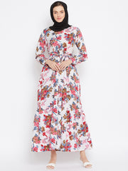White Floral Printed Abaya Dress for Women with Black Georgette Scarf