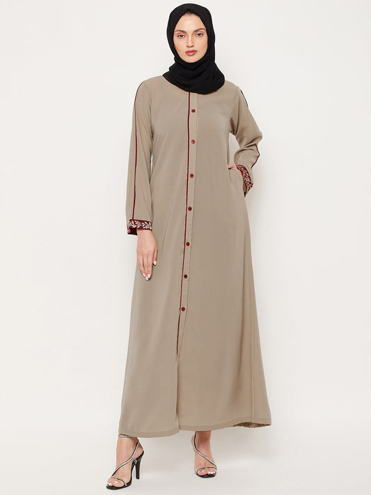 Beige Embroidery Work Front Open Abaya for Women with Black Georgette Scarf