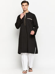 Embroidery Black Solid Cotton Men's Kurta Pajama Set