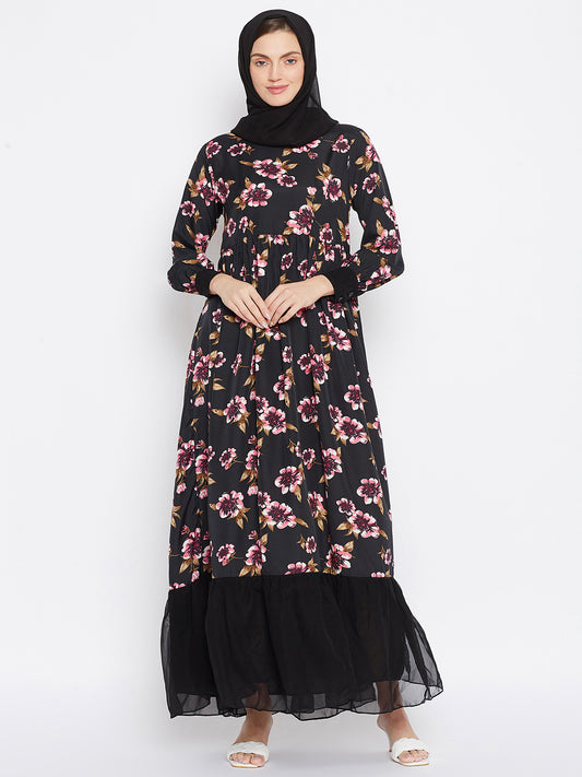 Black Floral Printed Frill Abaya with Black Georgette Hijab