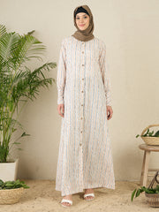 Striped Printed Front Open Abaya with Black Hijab