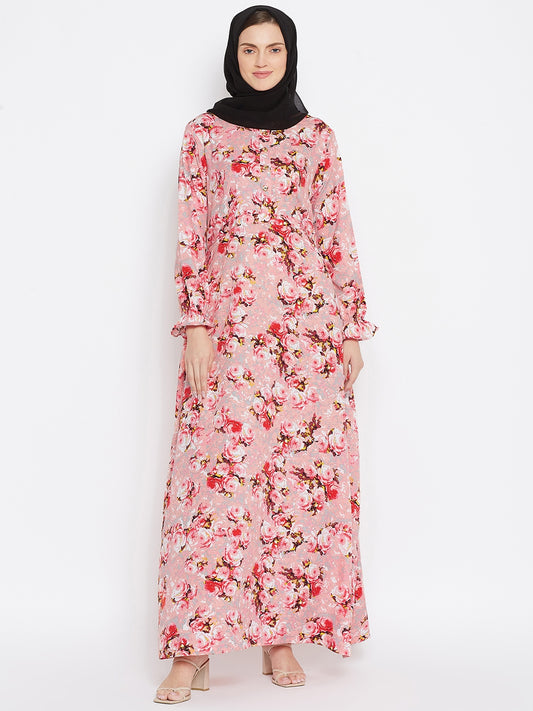 Pink Floral Printed Crepe Abaya Dress with Black Georgette Hijab