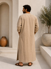 Men's Beige Linen Long Sleeve Kaftan | V neck Gown | Moroccan Robe