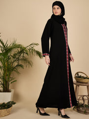 Modest Embroidered Front Open Black Abaya with Matching Hijab