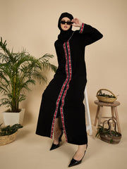 Modest Embroidered Front Open Black Abaya with Matching Hijab