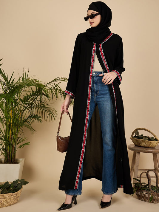 Modest Embroidered Front Open Black Abaya with Matching Hijab
