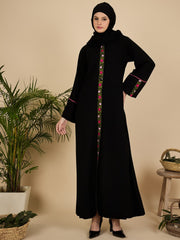 Front Open Modest Embroidered Abaya Burqa with Black Hijab
