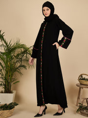 Front Open Modest Embroidered Abaya Burqa with Black Hijab