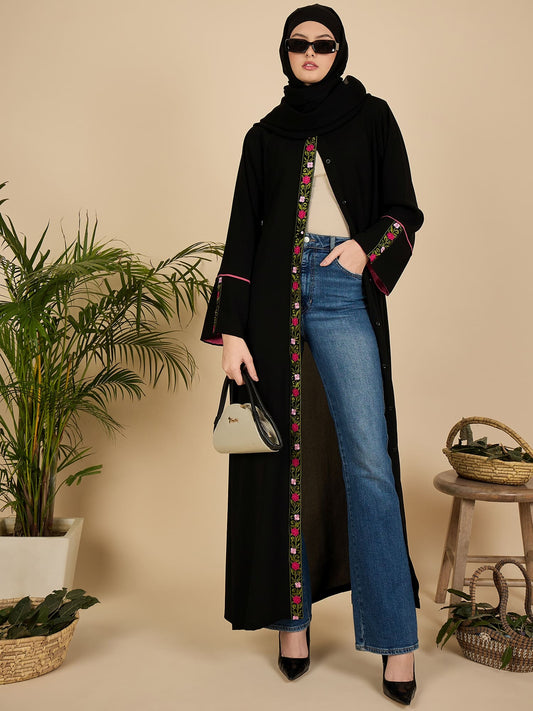 Front Open Modest Embroidered Abaya Burqa with Black Hijab